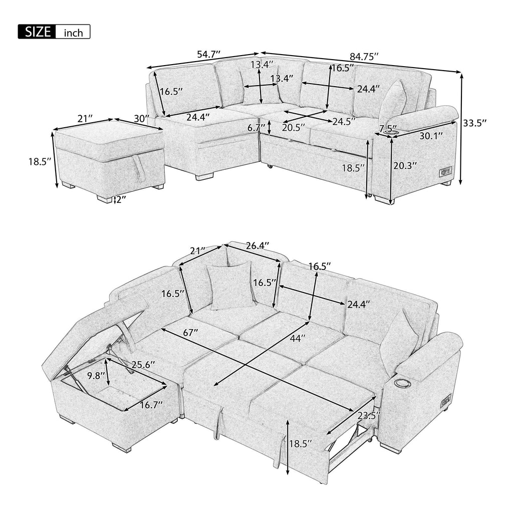 Sleeper Sofa Bed Sectional with Storage Ottoman - Gray, Beige, Green, Black