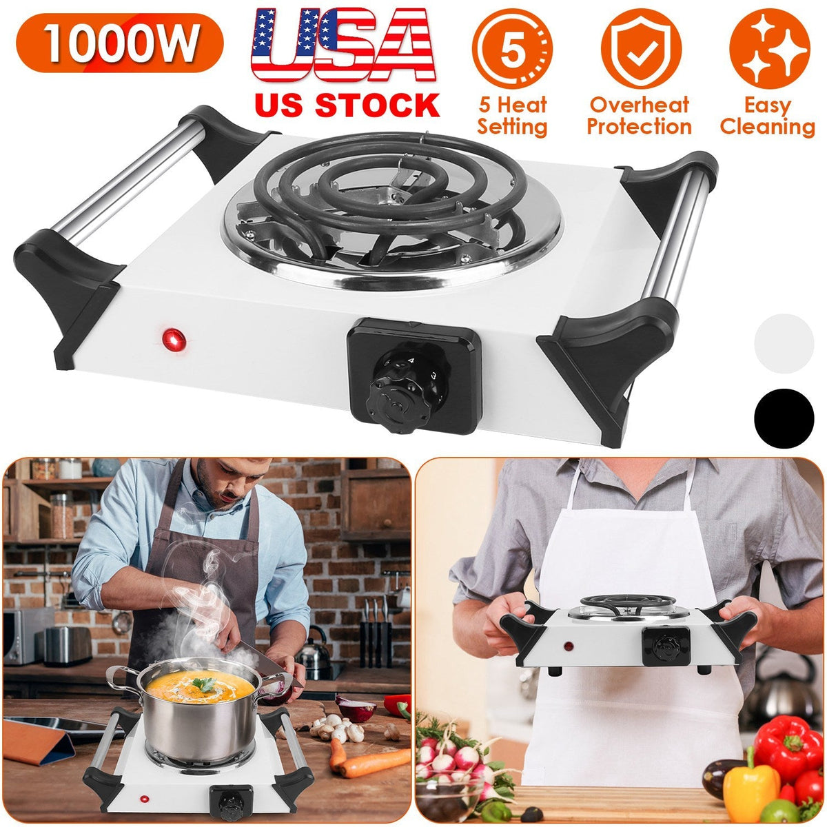1000W Electric Single Burner Portable Coil Heating Hot Plate Stove Countertop RV Hotplate with 5 Temperature Adjustments Portable Handles