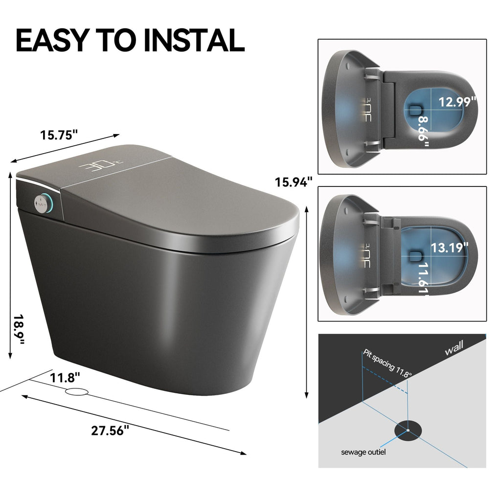Smart Bidet Toilet with Heated Seat & Auto Open - White, Black, or Dark Gray