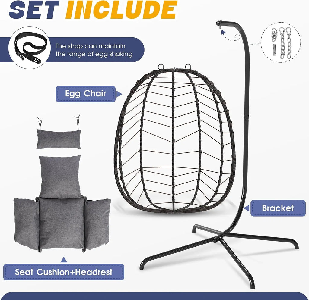 Egg Chair with Stand, Patio Wicker Hanging Chair, Hammock Swing Chair, 350LBS Capacity for Bedroom, Balcony, Garden