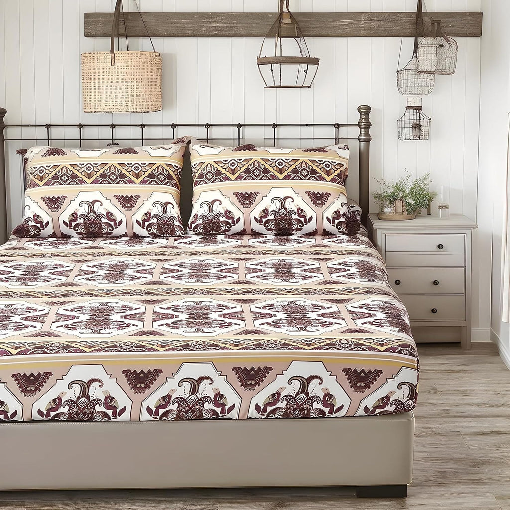 DaDa Bedding Majestic Oriental Kilim Fitted Sheet - w/ Pillow Cases Royal Persian Traditional Design Intricate Ornate Ornament Print