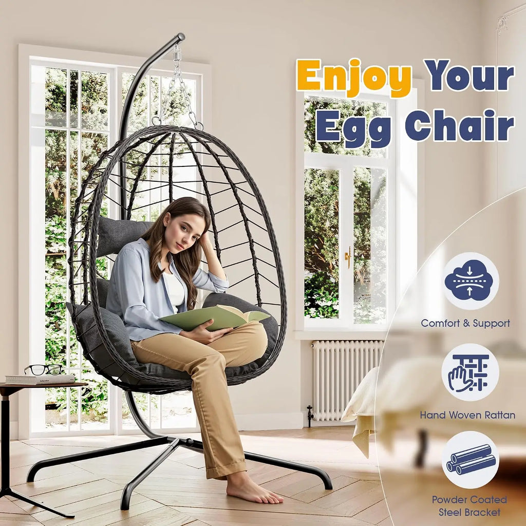 Egg Chair with Stand, Patio Wicker Hanging Chair, Hammock Swing Chair, 350LBS Capacity for Bedroom, Balcony, Garden