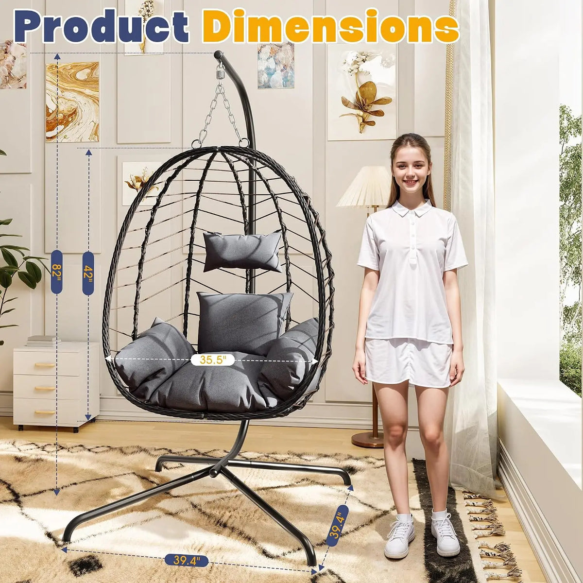 Egg Chair with Stand, Patio Wicker Hanging Chair, Hammock Swing Chair, 350LBS Capacity for Bedroom, Balcony, Garden