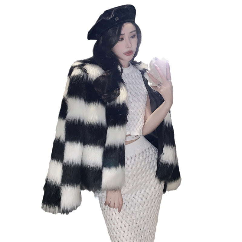 Jacket Women Winter Fur Coat Hanbok Women's Black and White Checkerboard Contrast Color Coat Women's Fur Coat