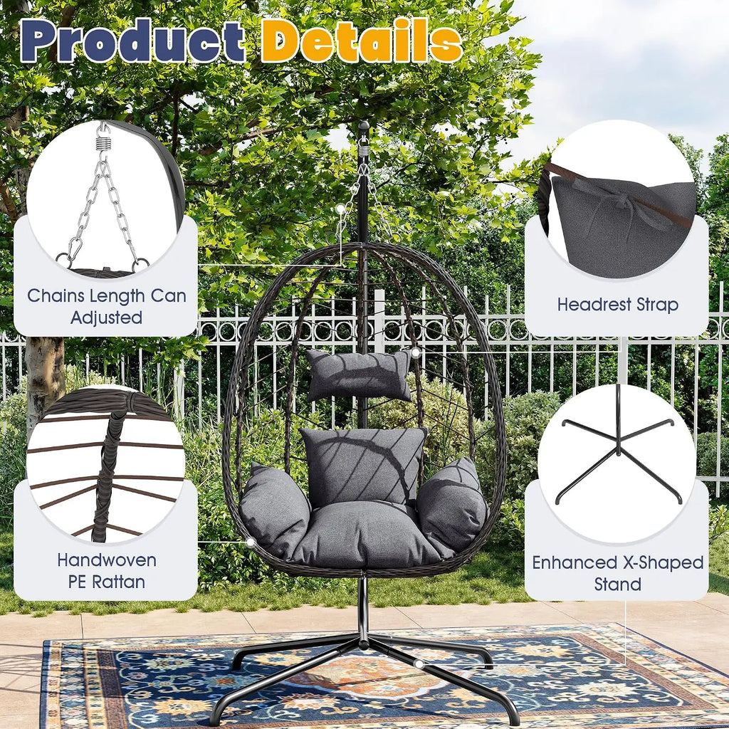 Egg Chair with Stand, Patio Wicker Hanging Chair, Hammock Swing Chair, 350LBS Capacity for Bedroom, Balcony, Garden