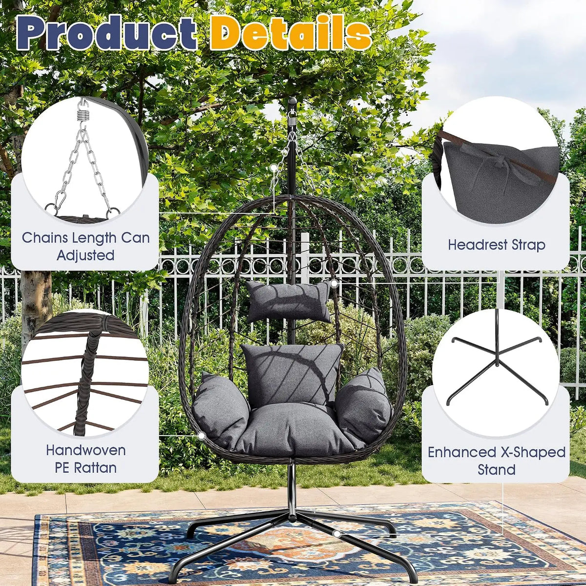 Egg Chair with Stand, Patio Wicker Hanging Chair, Hammock Swing Chair, 350LBS Capacity for Bedroom, Balcony, Garden