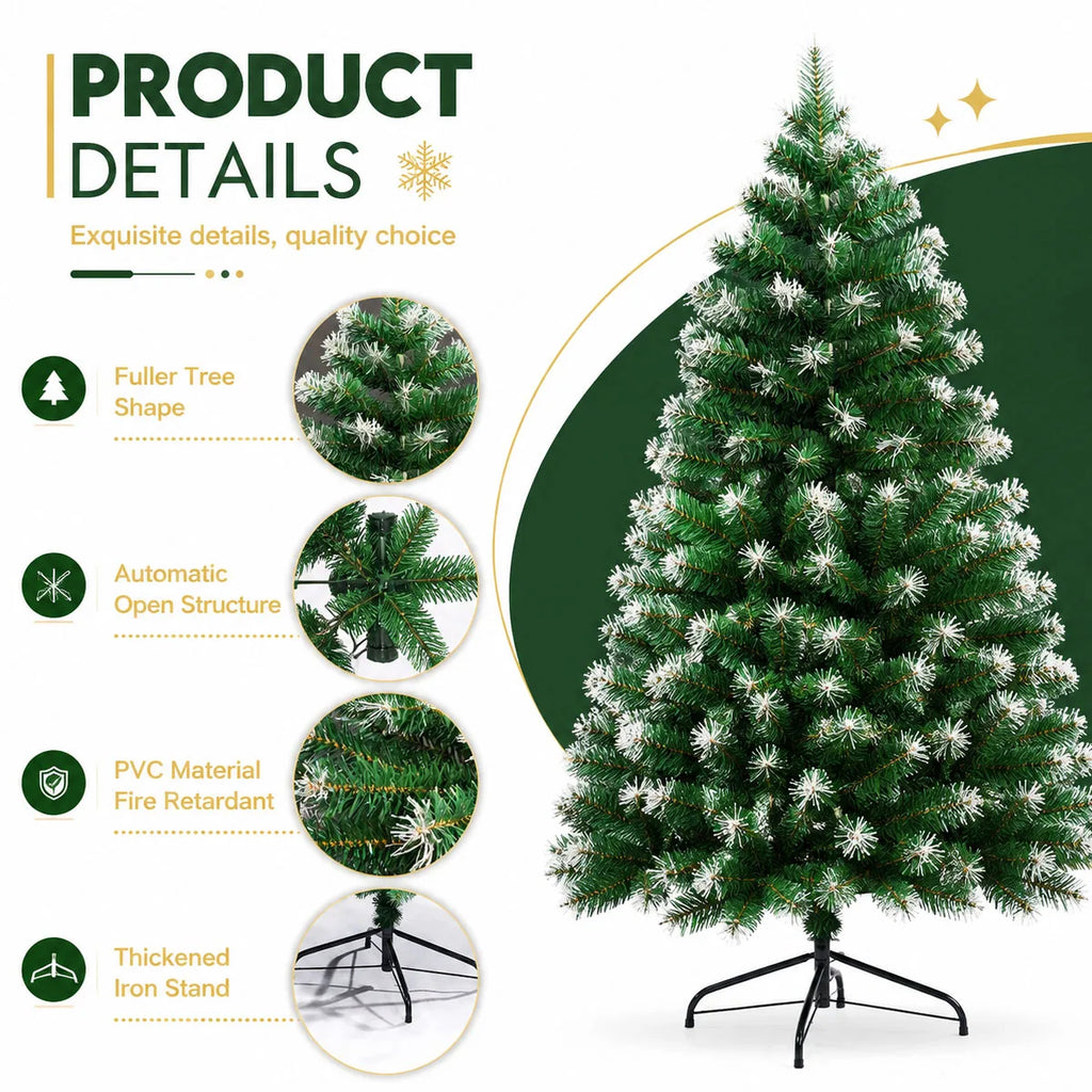 8FT Snow Flocked Artificial Christmas Tree, Unlit Frosted Pine Tree with Foldable Metal Base, PVC Fireproof Xmas Tree for Indoor Home Commercial Holiday Decoration