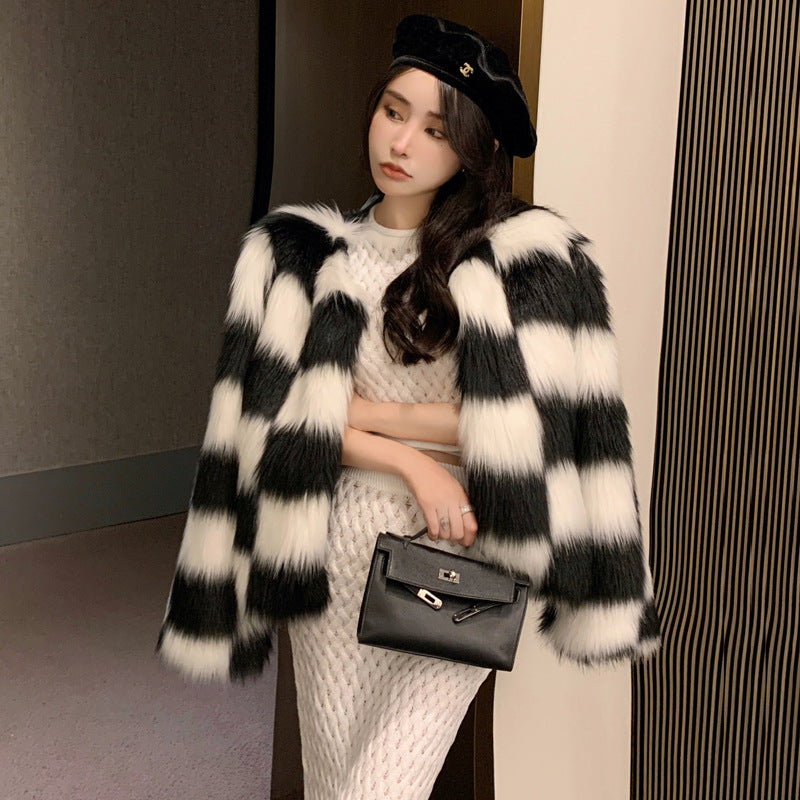 Jacket Women Winter Fur Coat Hanbok Women's Black and White Checkerboard Contrast Color Coat Women's Fur Coat