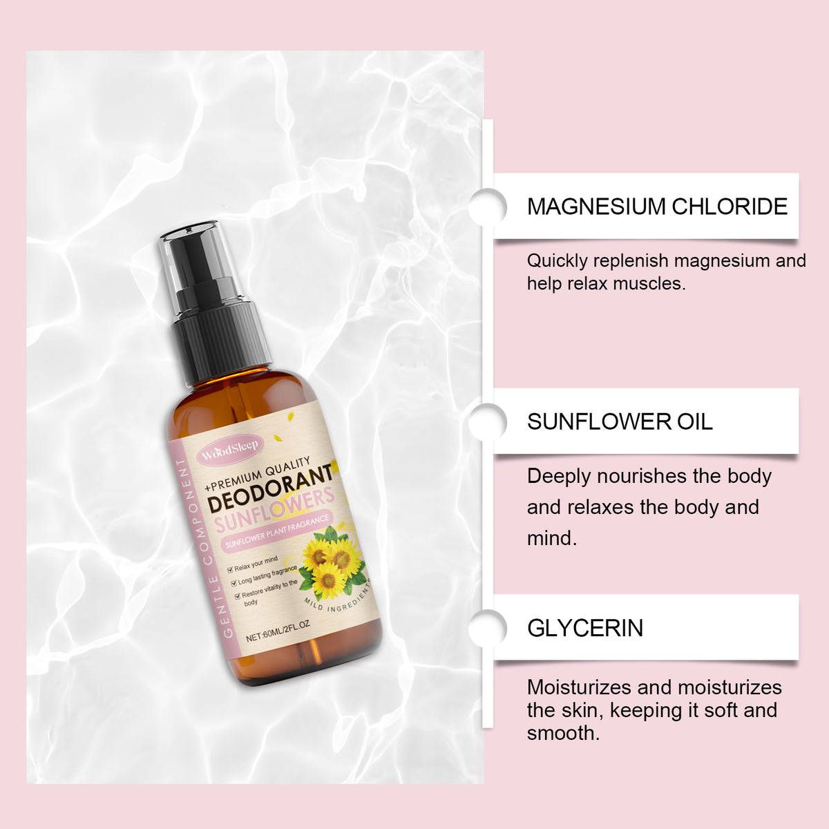 WoodSleep Sunflower Magnesium Oil Spray supplements with magnesium to soothe the body, nourish sleep and boost vitality