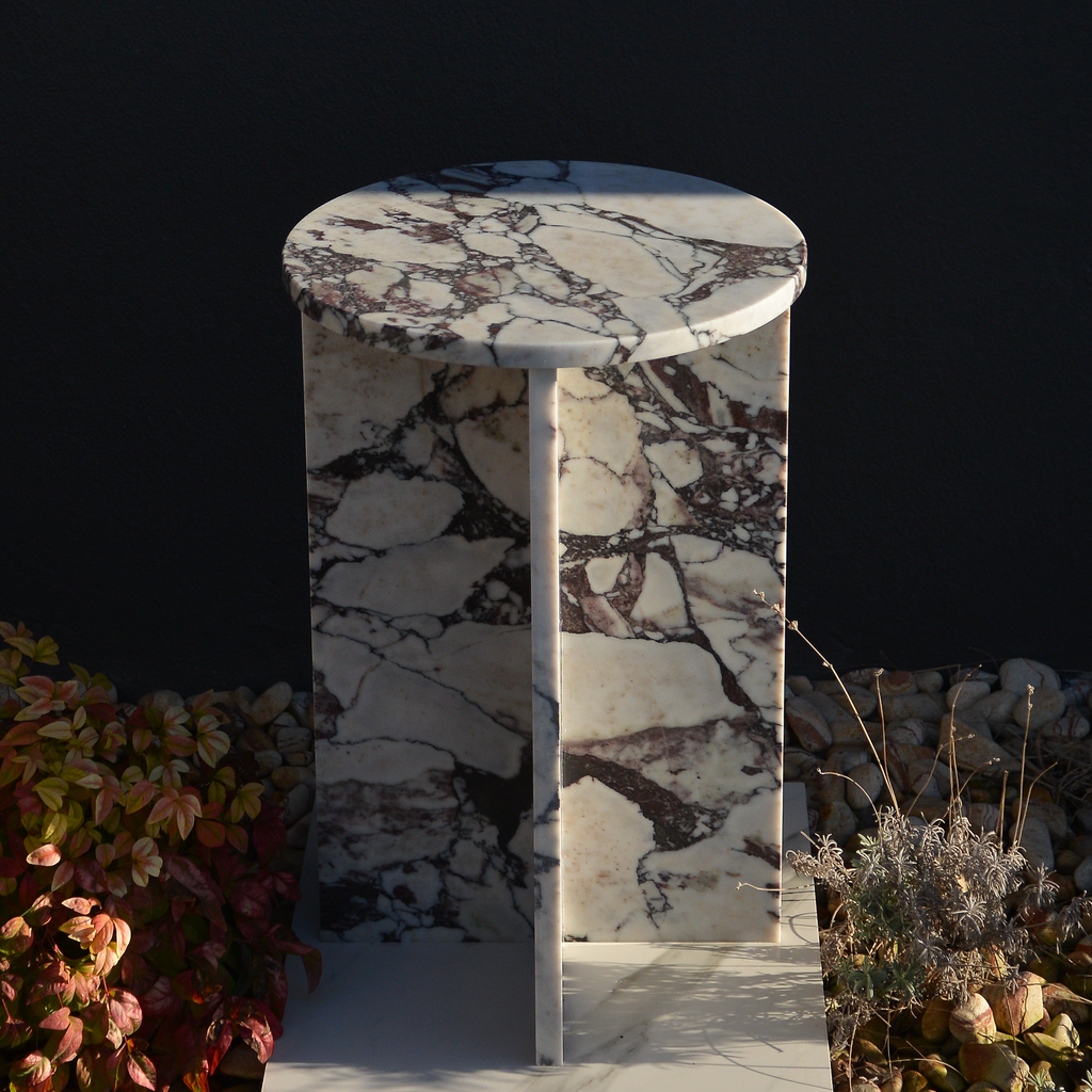 Calacatta Viola Italian Marble Round Coffee Table - White Base Purple Veining Luxury