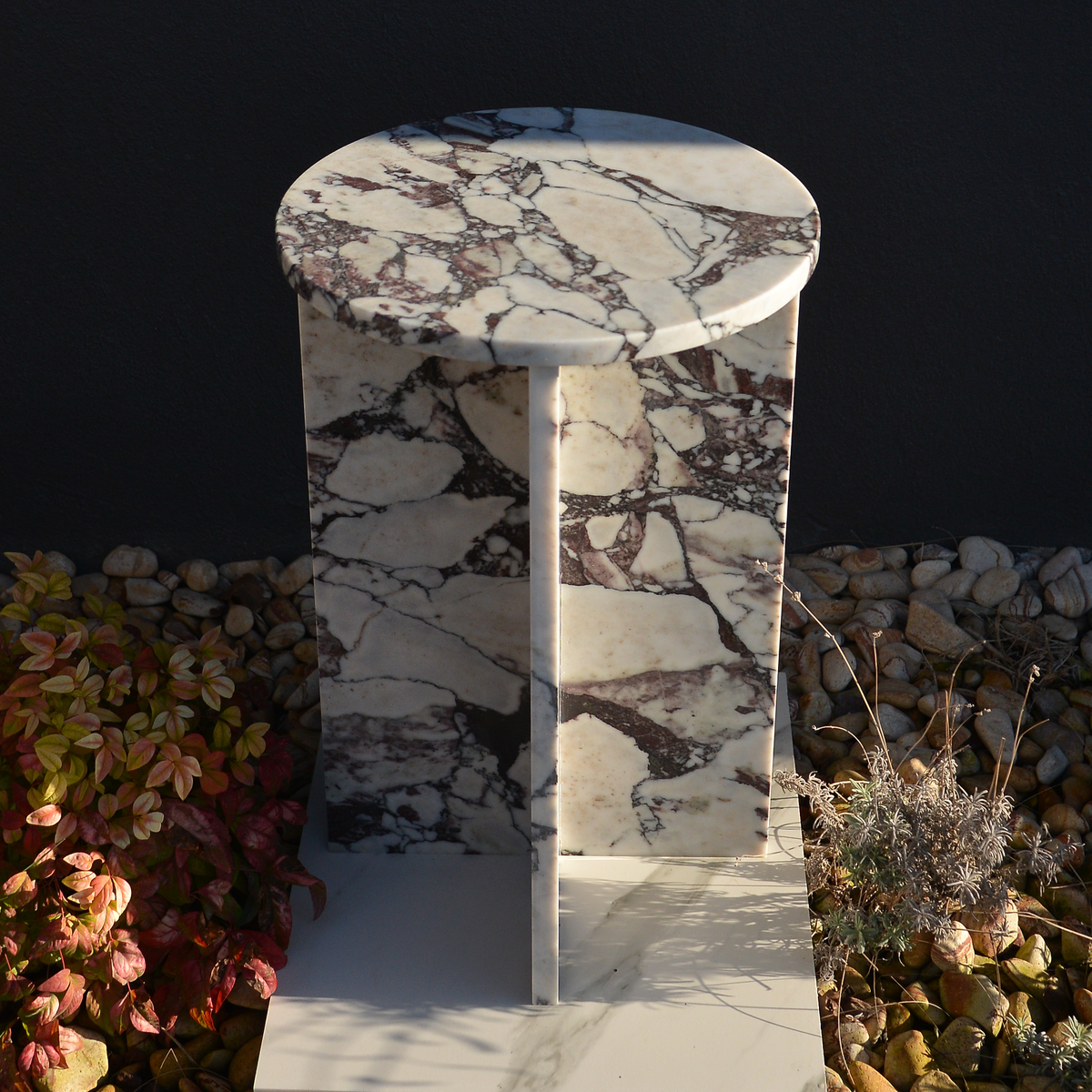 Calacatta Viola Italian Marble Round Coffee Table - White Base Purple Veining Luxury