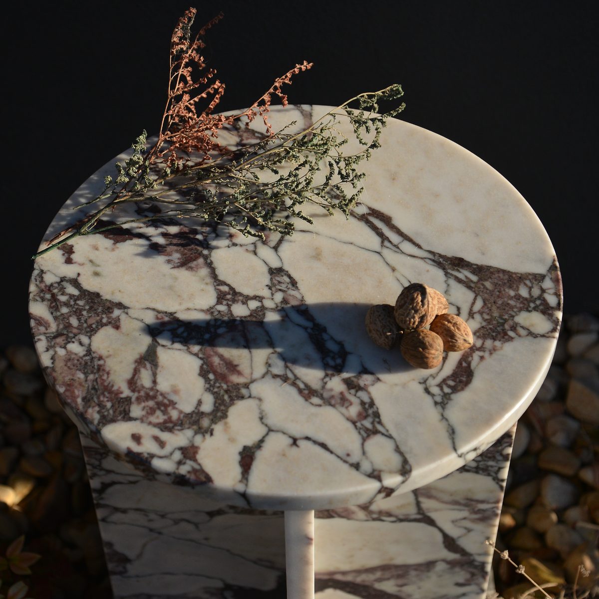 Calacatta Viola Italian Marble Round Coffee Table - White Base Purple Veining Luxury