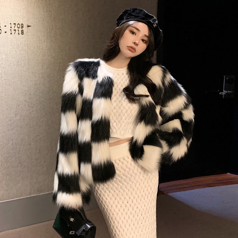 Jacket Women Winter Fur Coat Hanbok Women's Black and White Checkerboard Contrast Color Coat Women's Fur Coat