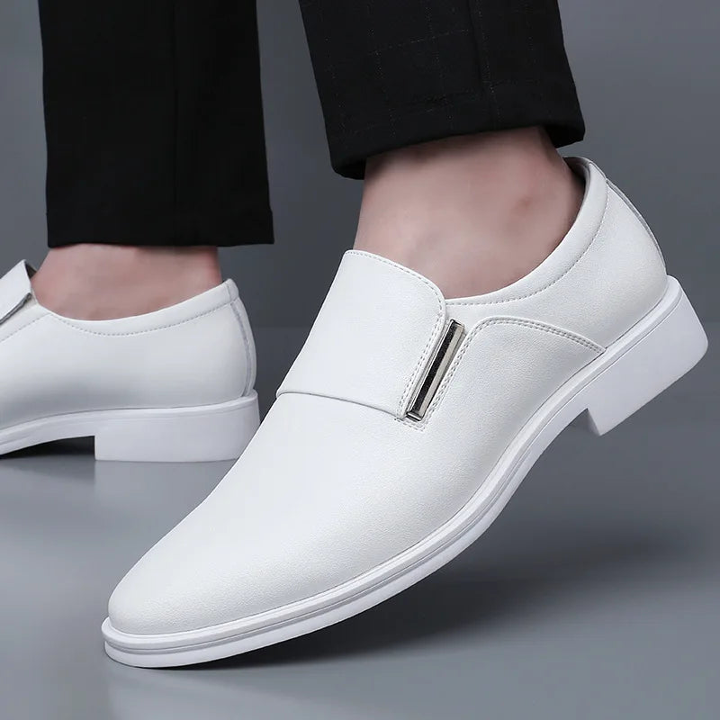 New Mens White Genuine Leather Oxford Casual Business Formal Low-Heel Slip-On Pointed-Toe Winter Wedding Party Shoes