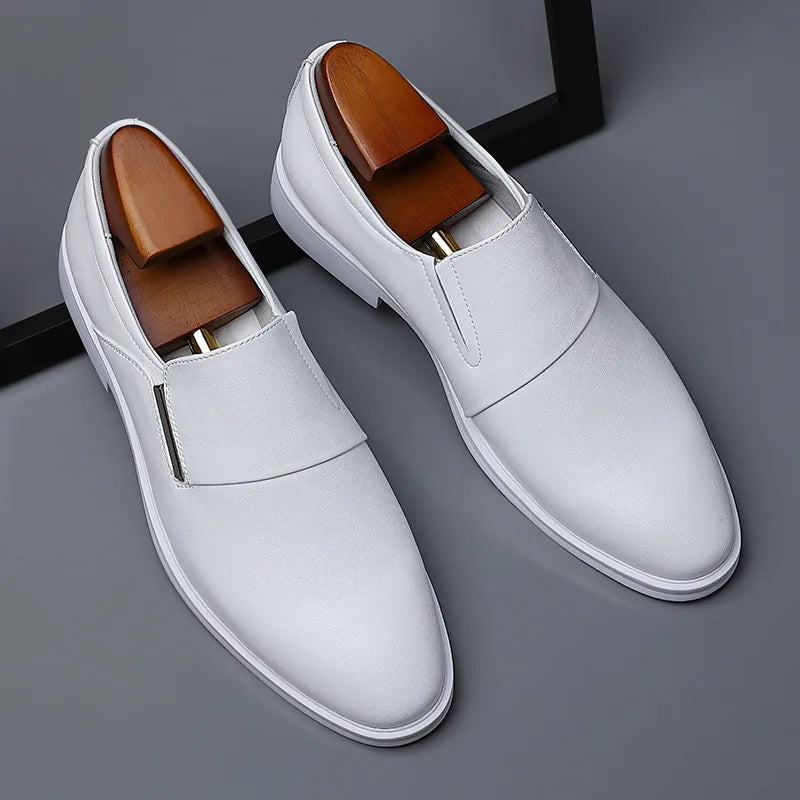 New Mens White Genuine Leather Oxford Casual Business Formal Low-Heel Slip-On Pointed-Toe Winter Wedding Party Shoes