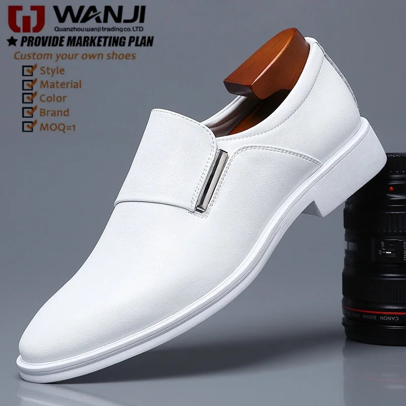 New Mens White Genuine Leather Oxford Casual Business Formal Low-Heel Slip-On Pointed-Toe Winter Wedding Party Shoes