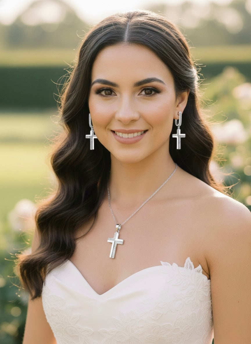 Set - sterling silver cross earrings and necklace with zircons S925 pendant for women jewelry link chain jewellery for girls