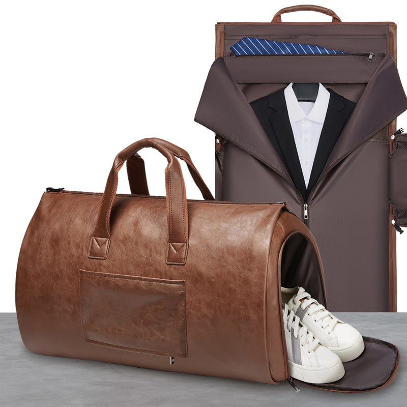 Leather Garment Duffel Bag with Shoe Pouch Waterproof Leather Weekender Bag Hanging Clothes Bag Large Overnight Bag