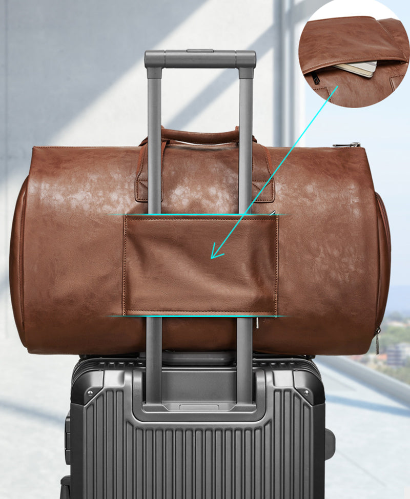 Leather Garment Duffel Bag with Shoe Pouch Waterproof Leather Weekender Bag Hanging Clothes Bag Large Overnight Bag