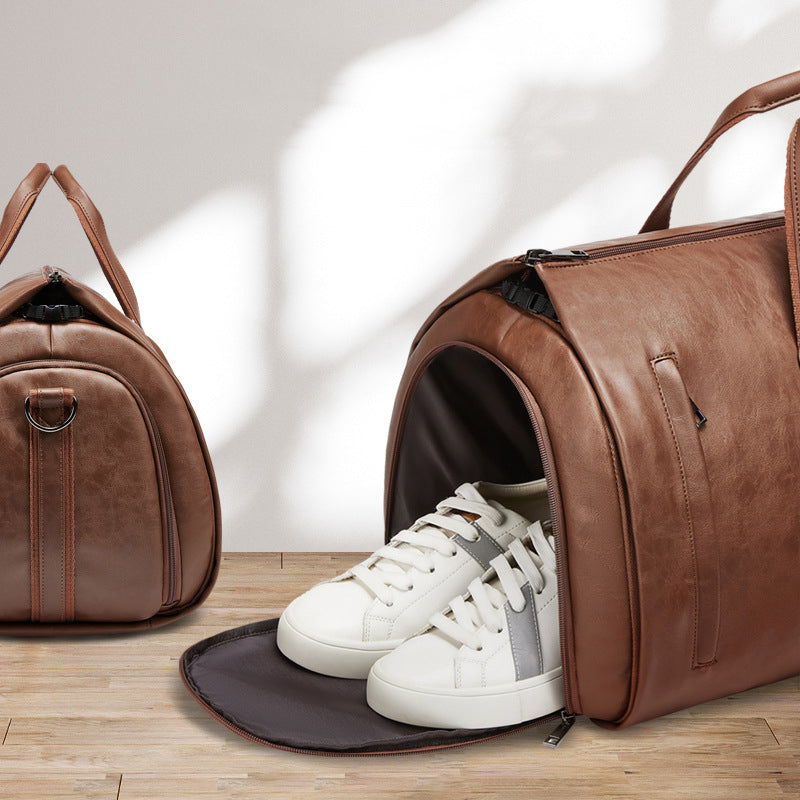 Leather Garment Duffel Bag with Shoe Pouch Waterproof Leather Weekender Bag Hanging Clothes Bag Large Overnight Bag