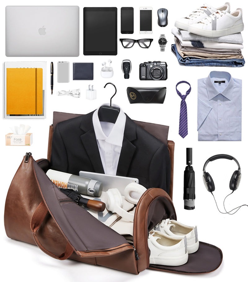 Leather Garment Duffel Bag with Shoe Pouch Waterproof Leather Weekender Bag Hanging Clothes Bag Large Overnight Bag
