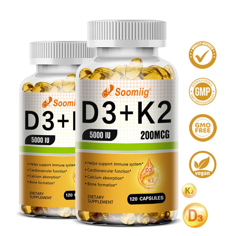 Soomiig Vegetarian Vitamin D3+K2 Capsules Promotes Calcium Metabolism Fracture Bone Health Heart and Immune System Support
