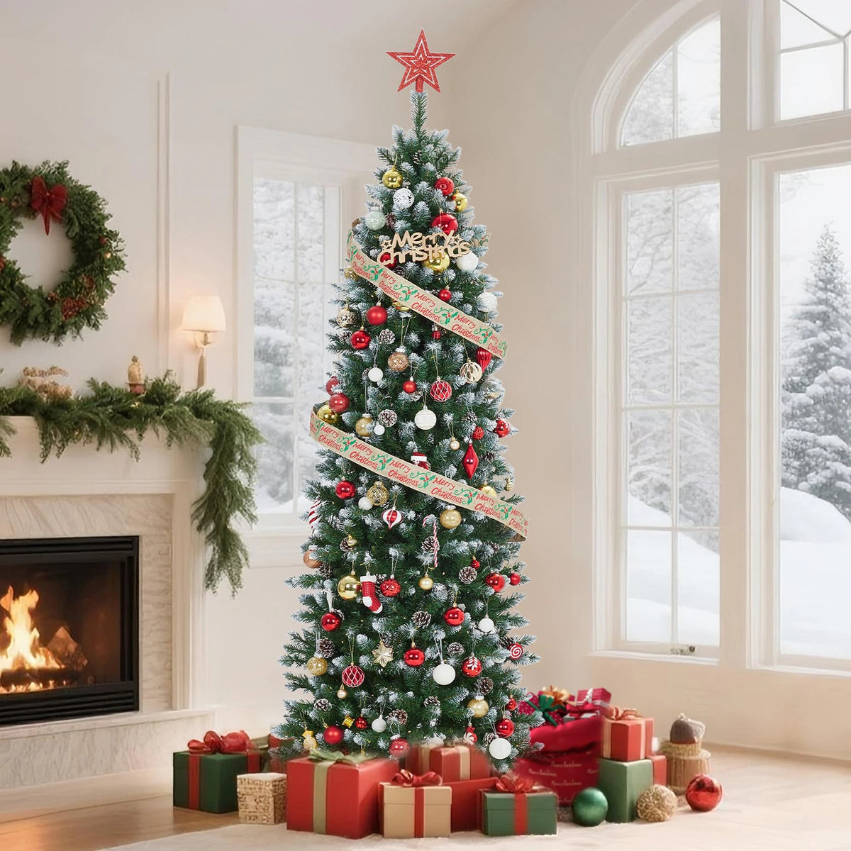 6FT 7.5FT 9FT 12FT Prelit Artificial Christmas Tree, Realistic PVC Pencil Tree With Metal Stand, Easy Assembly, Holiday Home Decor