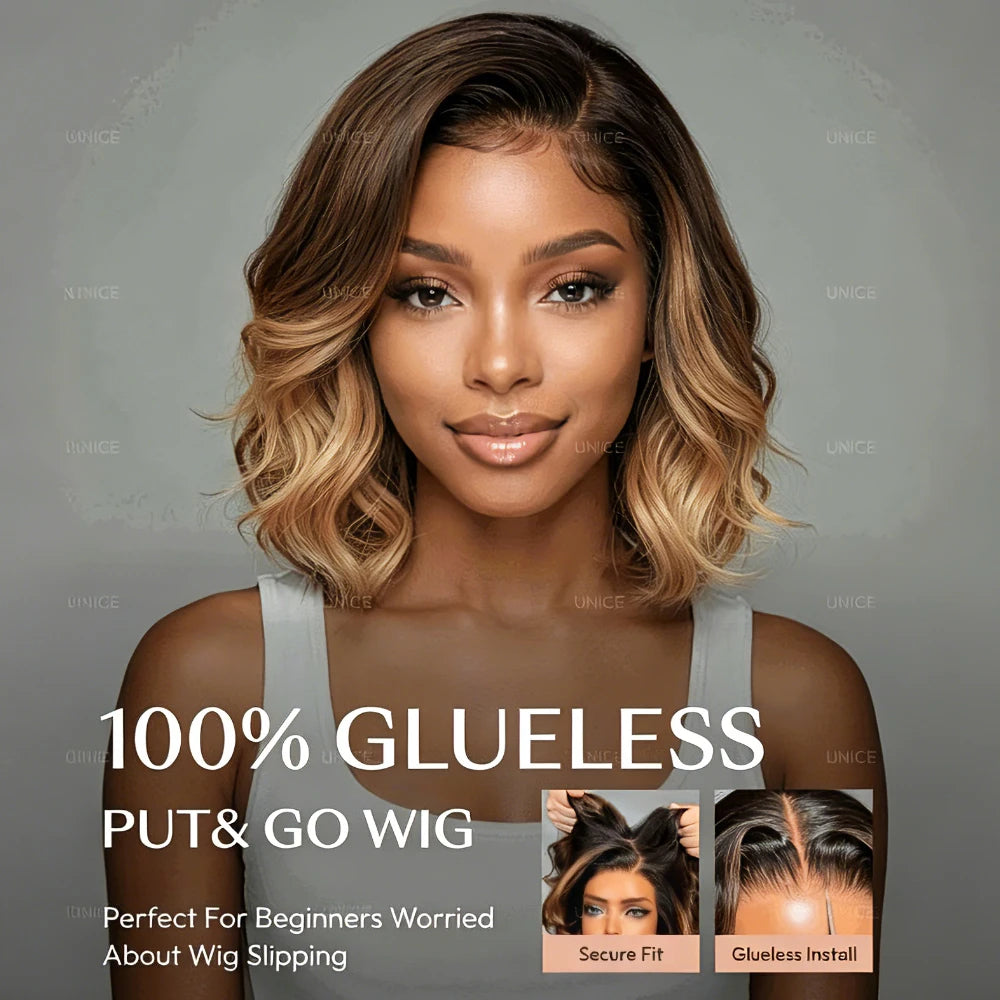 UNice Brown With Blonde Highlights Wavy Bob Wig With Face-Framing Layers Side Part 7x5 13x4 Lace Glueless Human Hair Wigs