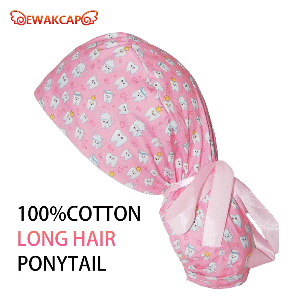 Soft Cute Yellow Duck Ponytail Scrub Cap with Sweatband Classic Cotton Surgical Hat for Long Hair Breathable Nurse Working Cap