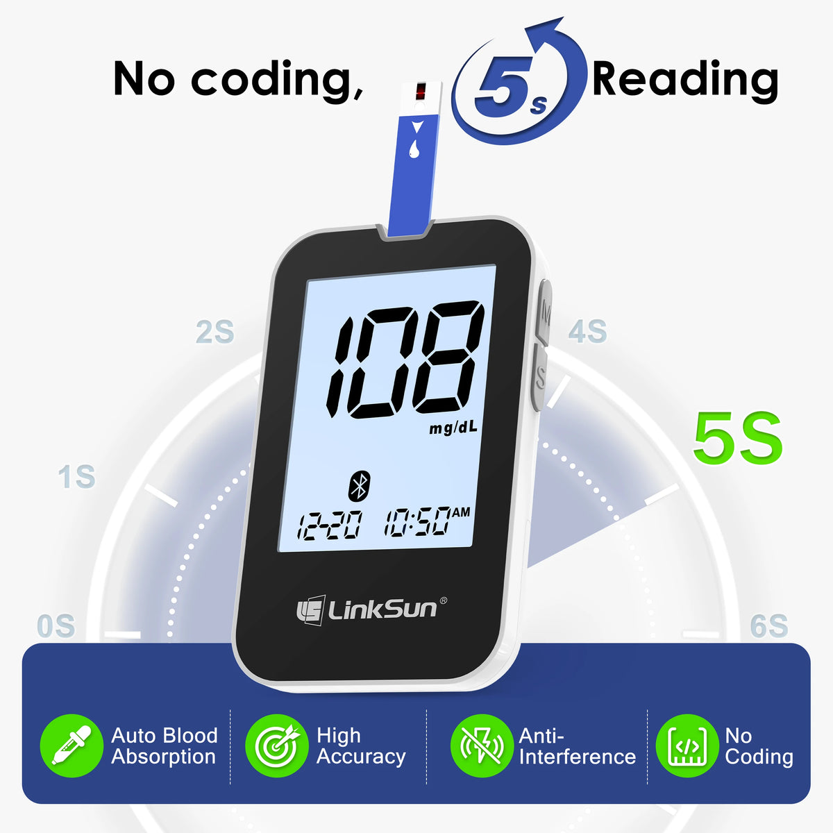 LinkSun G-427B Bluetooth Blood Sugar Testing Kit 50/100 Test Strips High Accuracy Large Display Blood Glucose Monitor Travel Bag
