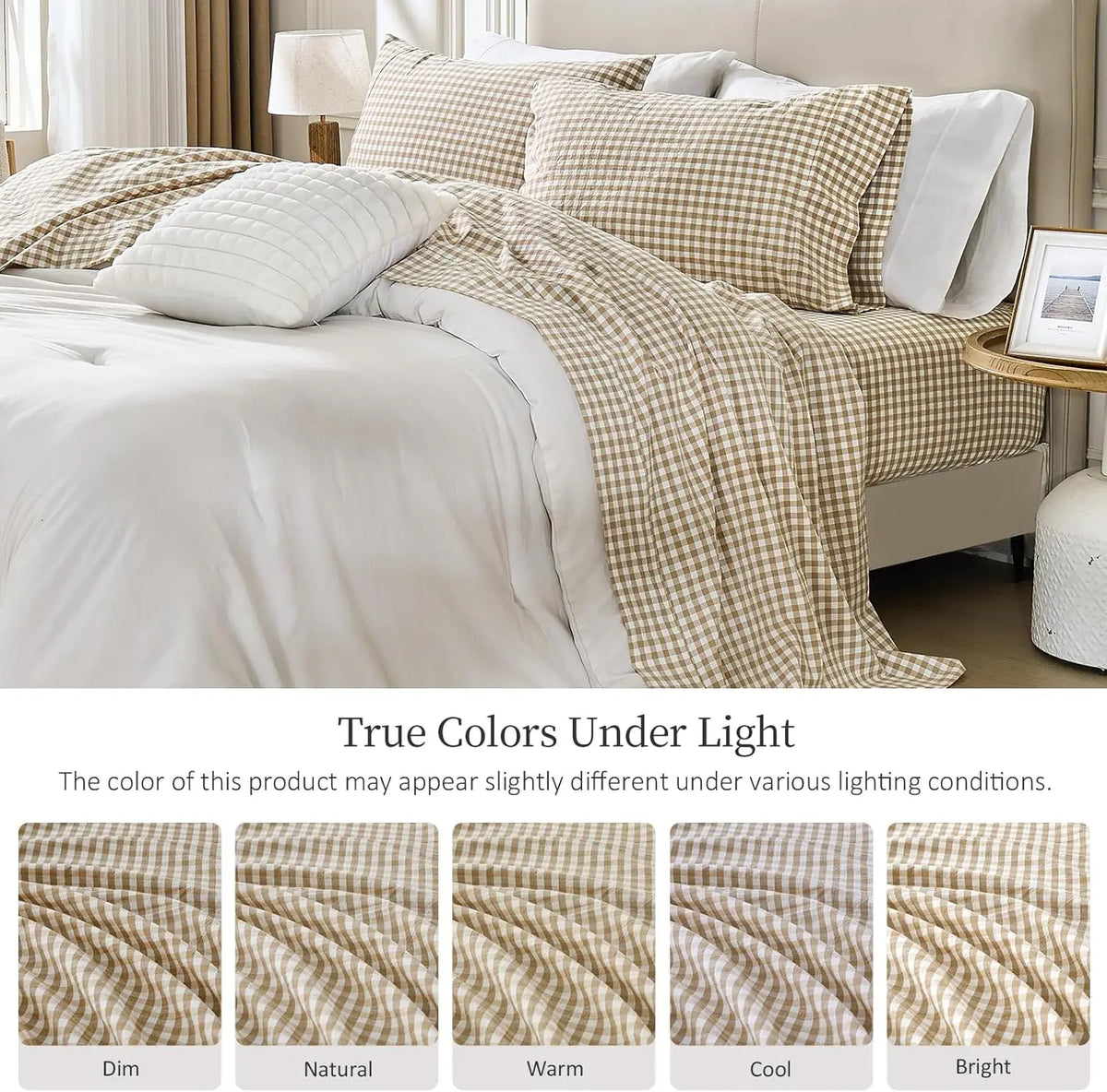Gingham Sheet Set: 100% Washed Cotton, Linen-Like Texture, Breathable and Soft, 3/4-Piece Set, Plaid Checkered Bed Sheets, 15" Deep Pocket,Twin/Twin XL/Full/Queen/King/California King