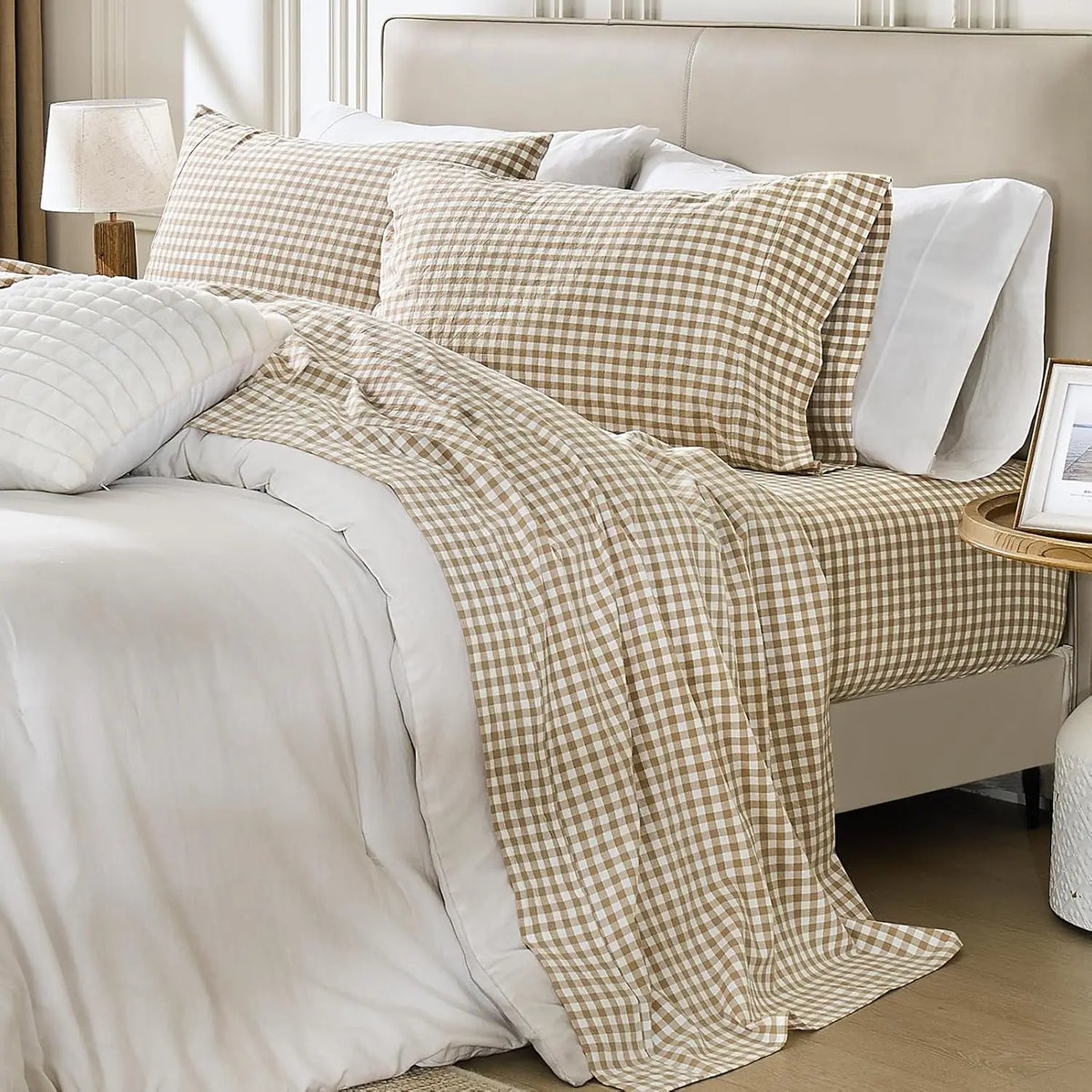 Gingham Sheet Set: 100% Washed Cotton, Linen-Like Texture, Breathable and Soft, 3/4-Piece Set, Plaid Checkered Bed Sheets, 15" Deep Pocket,Twin/Twin XL/Full/Queen/King/California King