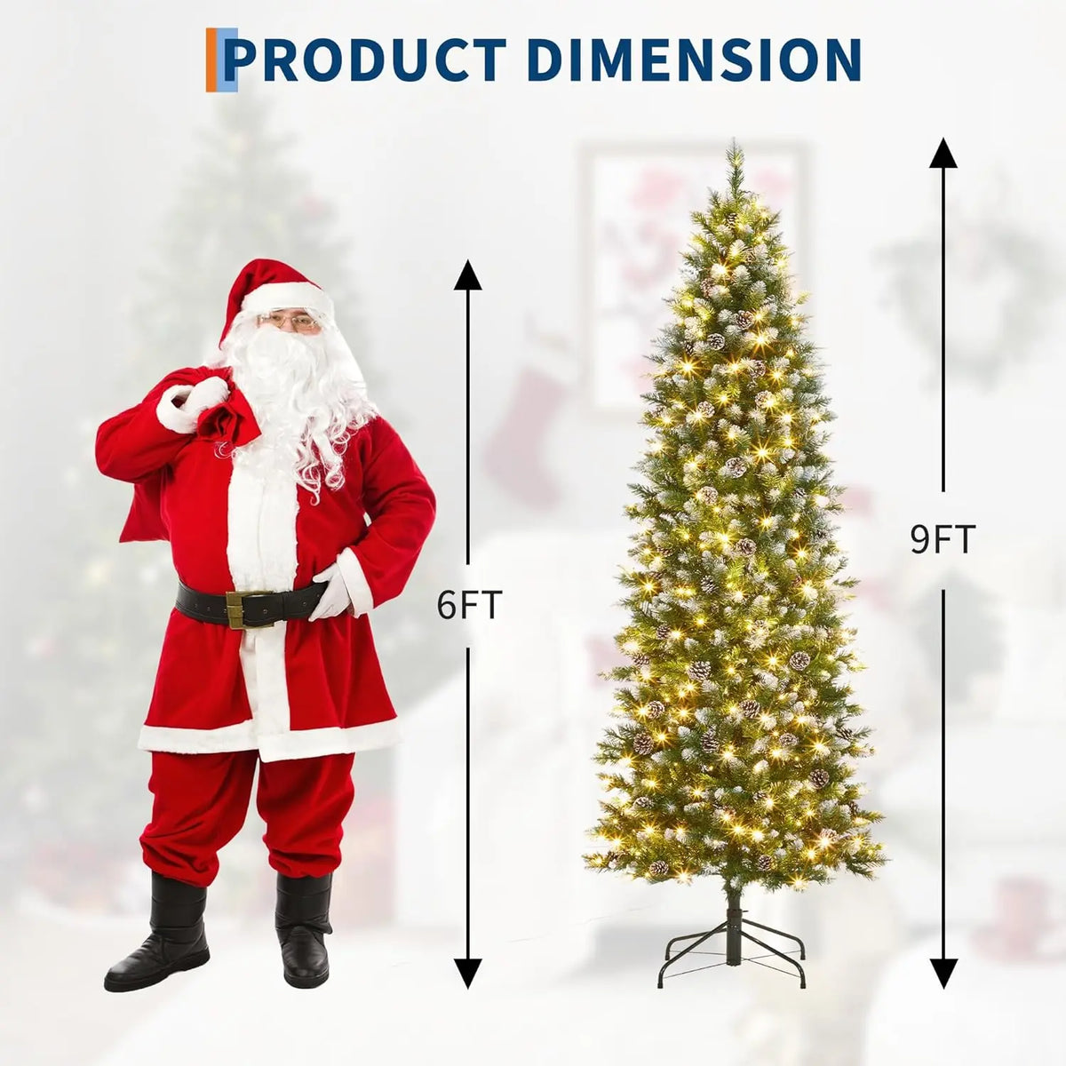 6FT 7.5FT 9FT 12FT Prelit Artificial Christmas Tree, Realistic PVC Pencil Tree With Metal Stand, Easy Assembly, Holiday Home Decor