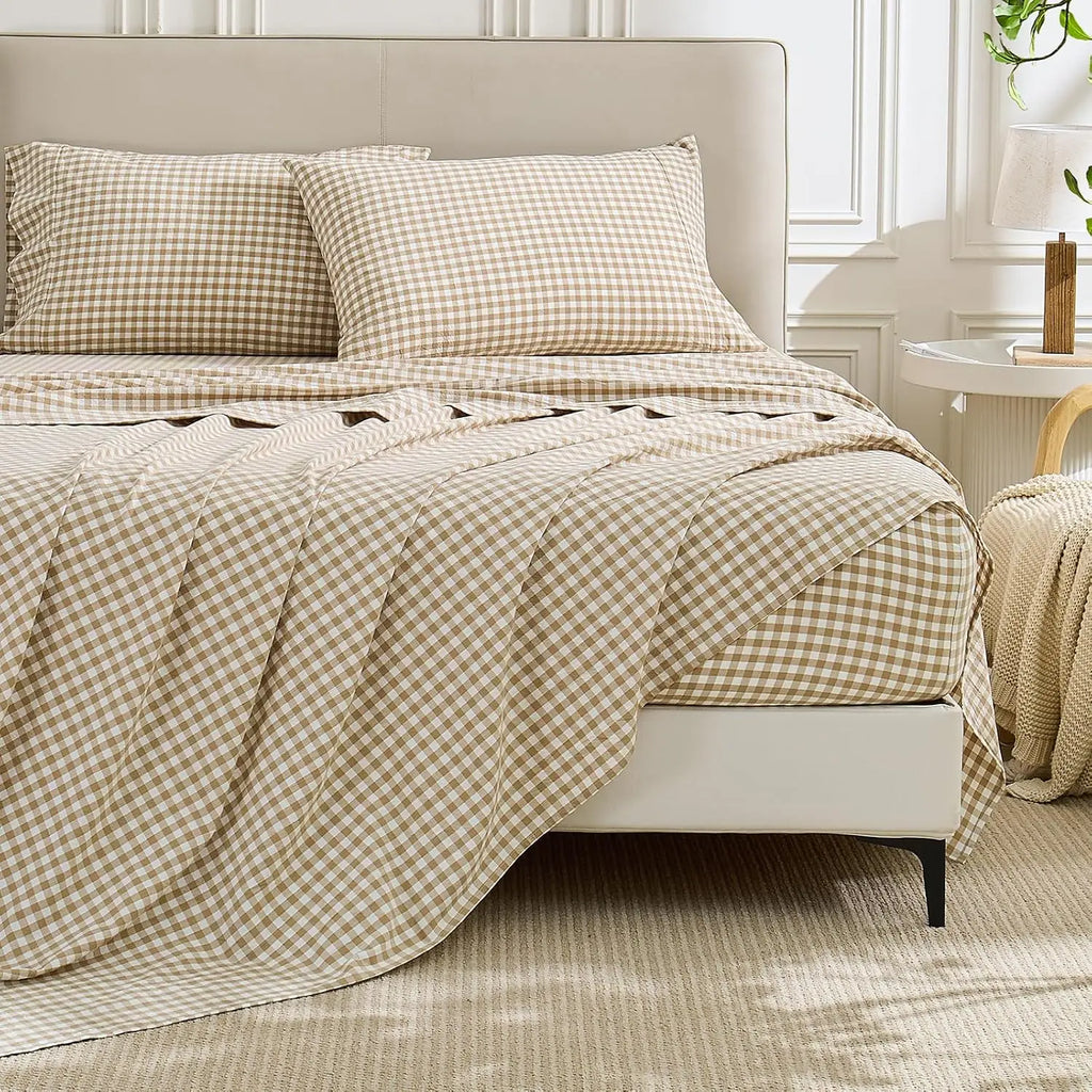 Gingham Sheet Set: 100% Washed Cotton, Linen-Like Texture, Breathable and Soft, 3/4-Piece Set, Plaid Checkered Bed Sheets, 15" Deep Pocket,Twin/Twin XL/Full/Queen/King/California King