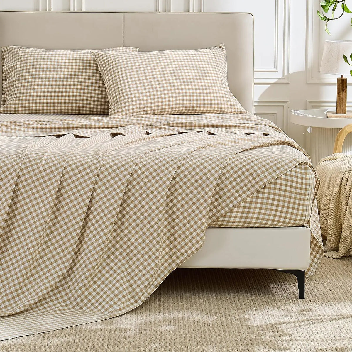 Gingham Sheet Set: 100% Washed Cotton, Linen-Like Texture, Breathable and Soft, 3/4-Piece Set, Plaid Checkered Bed Sheets, 15" Deep Pocket,Twin/Twin XL/Full/Queen/King/California King