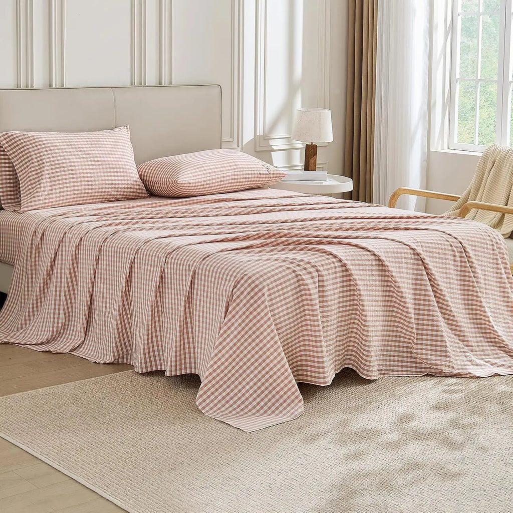 Gingham Sheet Set: 100% Washed Cotton, Linen-Like Texture, Breathable and Soft, 3/4-Piece Set, Plaid Checkered Bed Sheets, 15" Deep Pocket,Twin/Twin XL/Full/Queen/King/California King