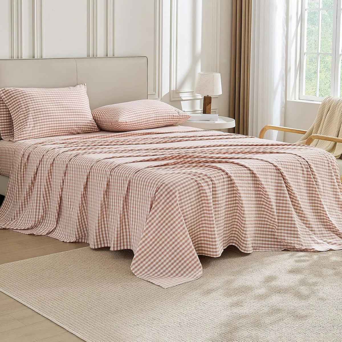 Gingham Sheet Set: 100% Washed Cotton, Linen-Like Texture, Breathable and Soft, 3/4-Piece Set, Plaid Checkered Bed Sheets, 15" Deep Pocket,Twin/Twin XL/Full/Queen/King/California King