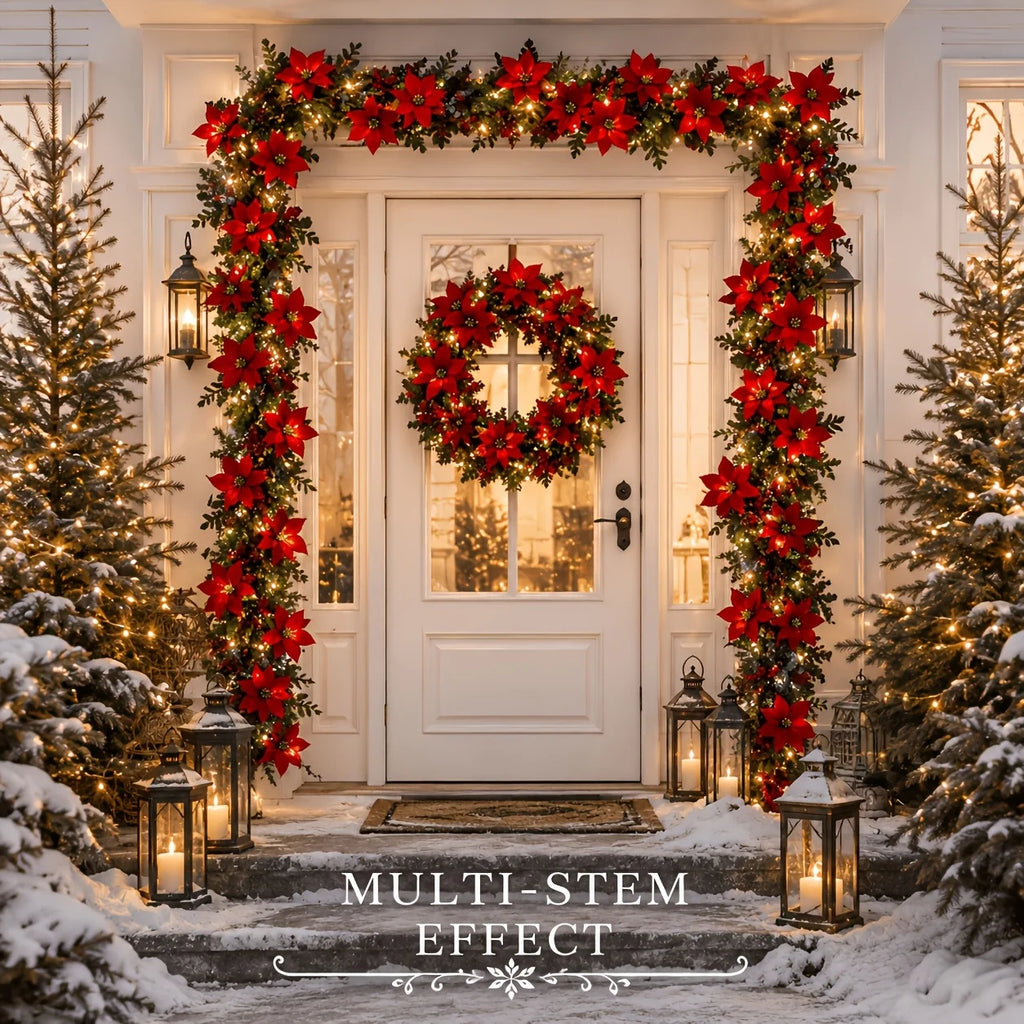 2Pcs Artificial Christmas Garland Red Poinsettia Eucalyptus Faux Flower Fireplace Mantel Front Door Wall Indoor Outdoor Party
