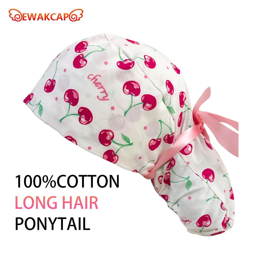 Soft Cute Yellow Duck Ponytail Scrub Cap with Sweatband Classic Cotton Surgical Hat for Long Hair Breathable Nurse Working Cap