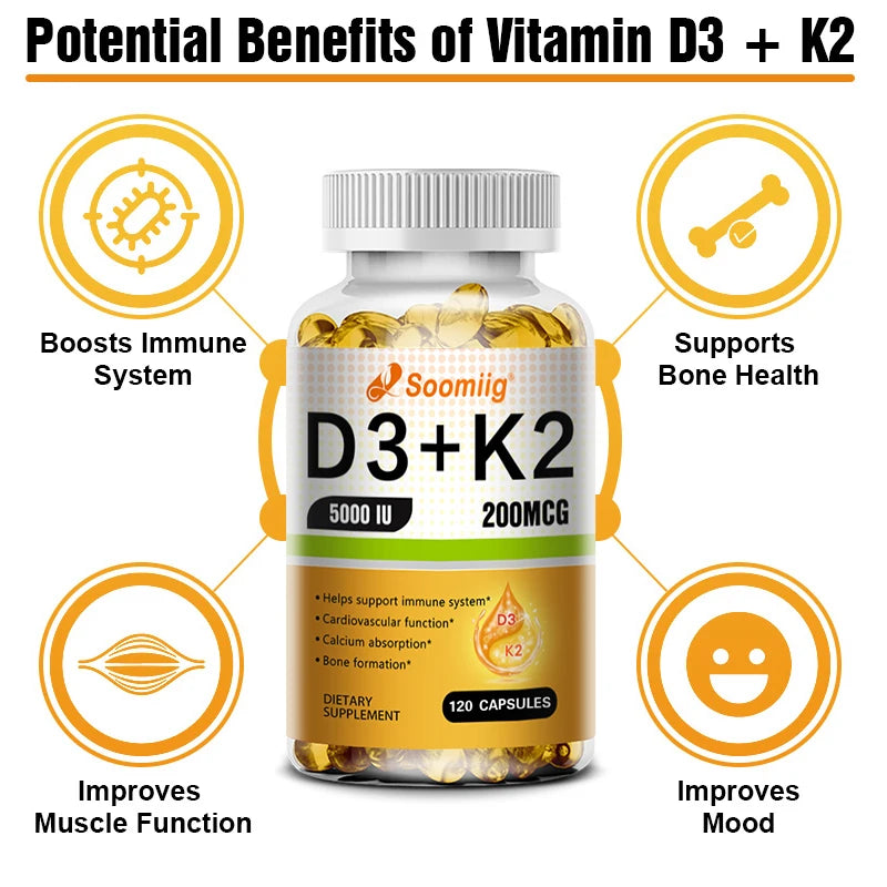 Soomiig Vegetarian Vitamin D3+K2 Capsules Promotes Calcium Metabolism Fracture Bone Health Heart and Immune System Support