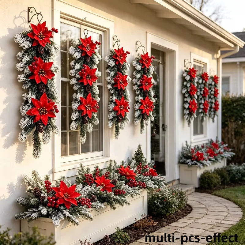 2Pcs Christmas Garland, Artificial Poinsettia Red Berry Pine Branch Decor, UV Resistant Holiday Garland for Indoor Outdoor Home