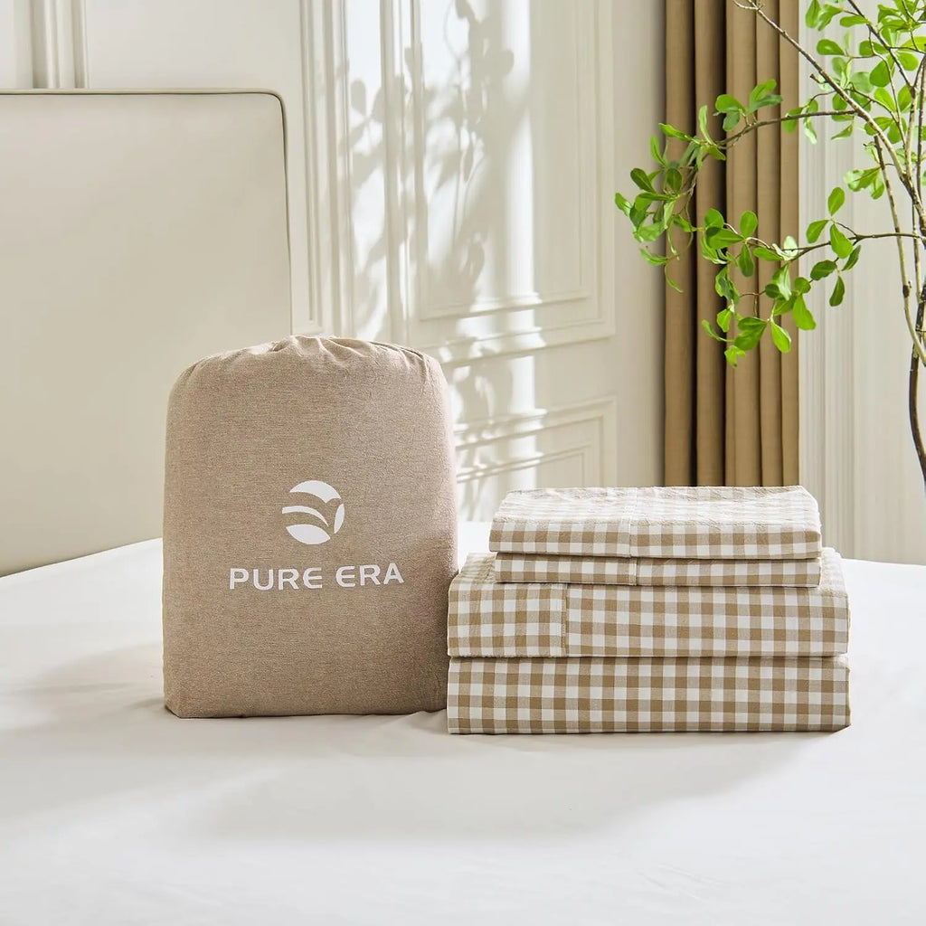 Gingham Sheet Set: 100% Washed Cotton, Linen-Like Texture, Breathable and Soft, 3/4-Piece Set, Plaid Checkered Bed Sheets, 15" Deep Pocket,Twin/Twin XL/Full/Queen/King/California King