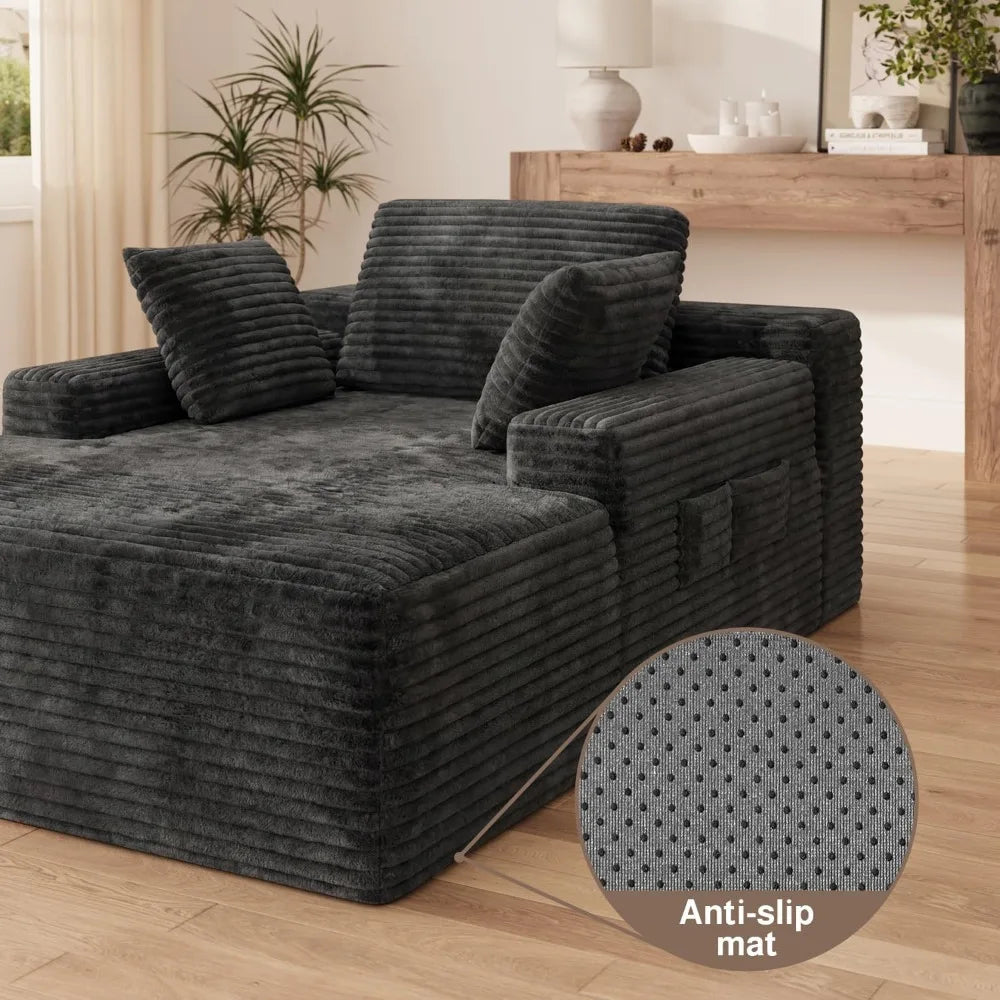 67" Boneless Chaise Lounge Chair with 3 Pillows, Gray Corduroy, No-Assembly, Oversized with Side Pockets