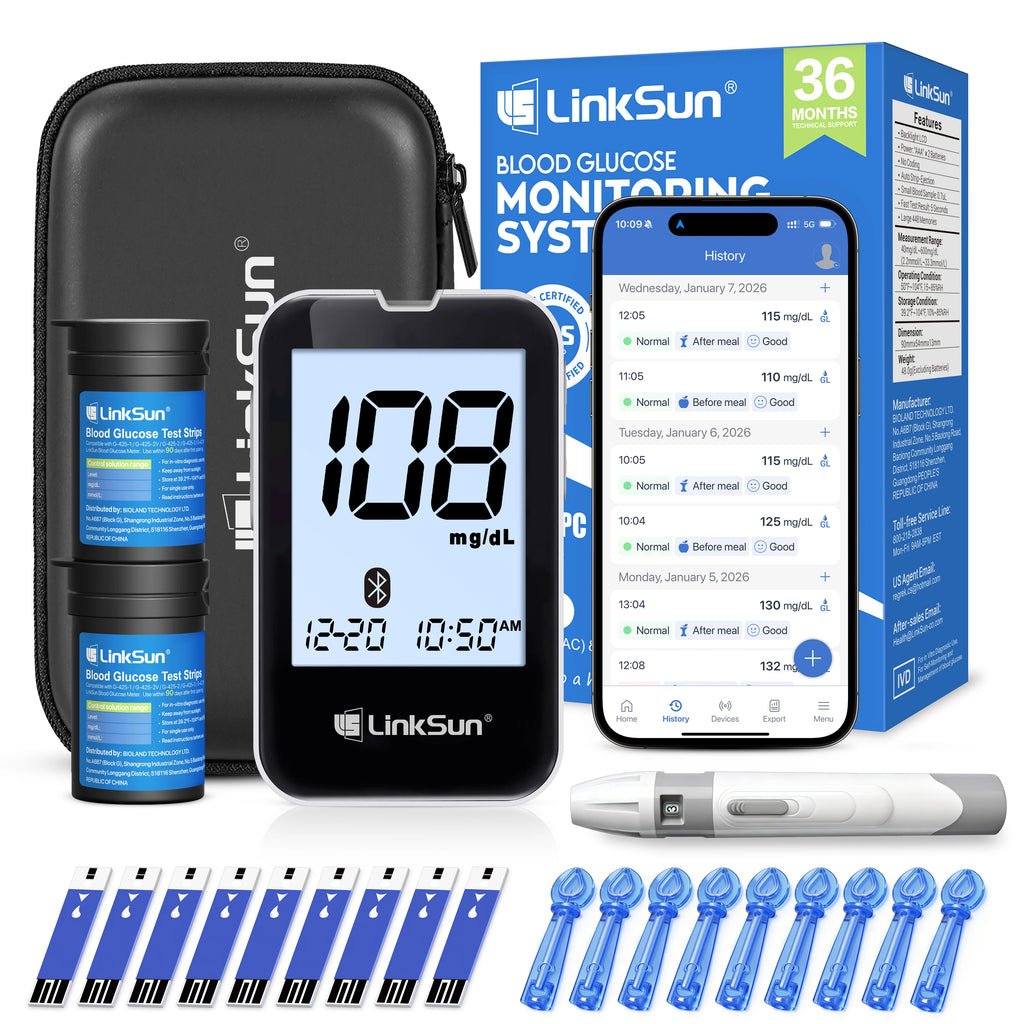 LinkSun G-427B Bluetooth Blood Sugar Testing Kit 50/100 Test Strips High Accuracy Large Display Blood Glucose Monitor Travel Bag