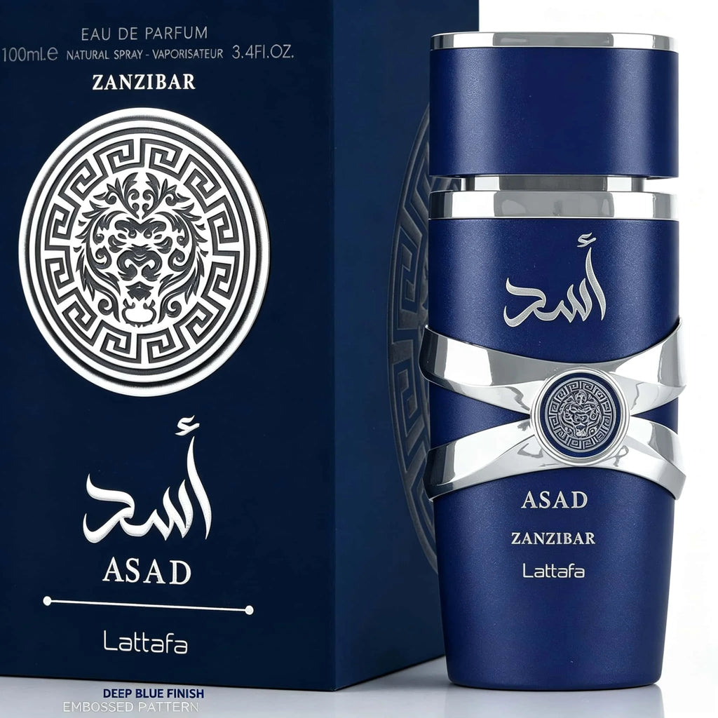 Lattafa Asad Zanzibar Eau De Parfum Spray 100ml, Long Lasting Woody Oriental Fruity Oud Musk Fragrance, Luxury Dark Blue Silver Bottle Arabian Perfume for Daily Occasion Gift Collection