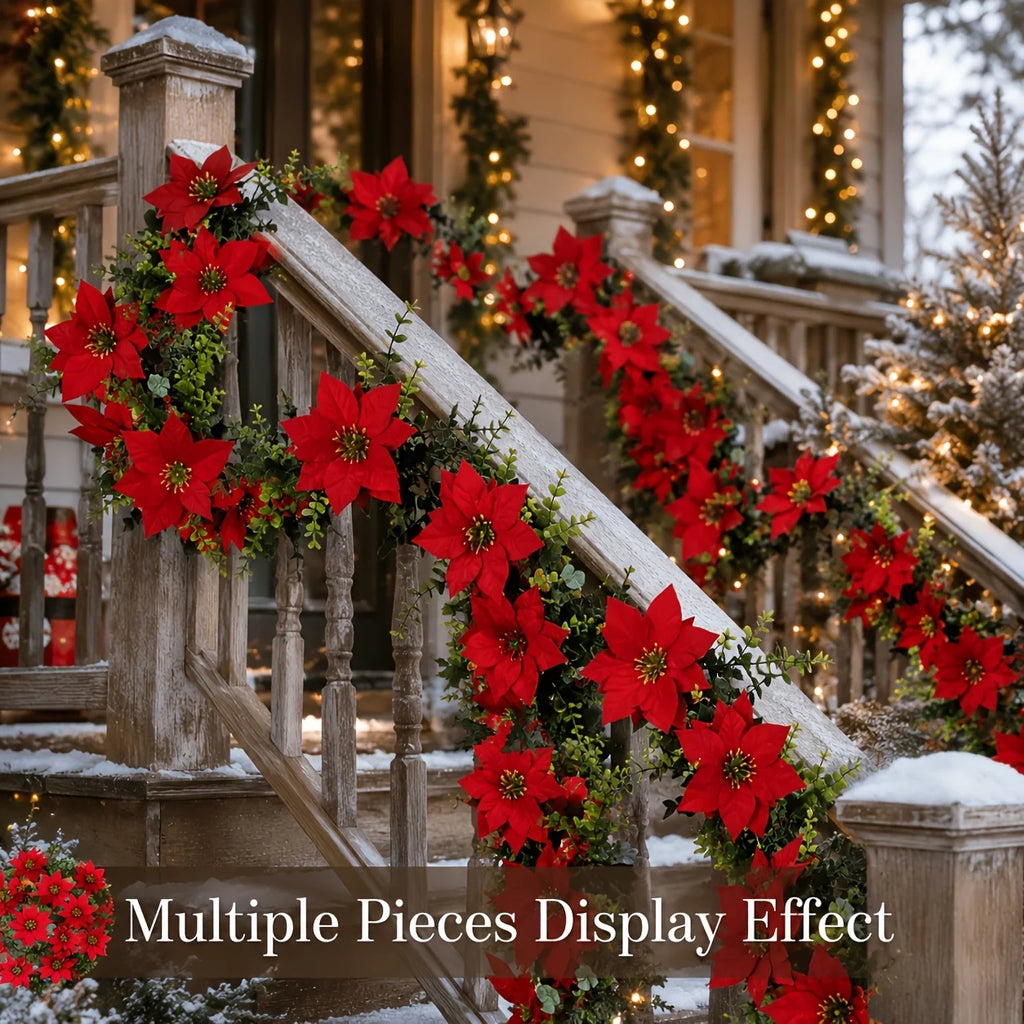 2Pcs Artificial Christmas Garland Red Poinsettia Eucalyptus Faux Flower Fireplace Mantel Front Door Wall Indoor Outdoor Party