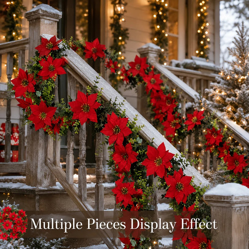 2Pcs Artificial Christmas Garland Red Poinsettia Eucalyptus Faux Flower Fireplace Mantel Front Door Wall Indoor Outdoor Party