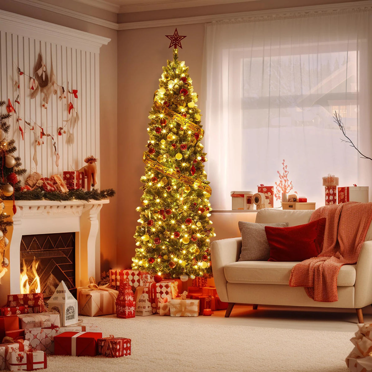 6FT 7.5FT 9FT 12FT Prelit Artificial Christmas Tree, Realistic PVC Pencil Tree With Metal Stand, Easy Assembly, Holiday Home Decor