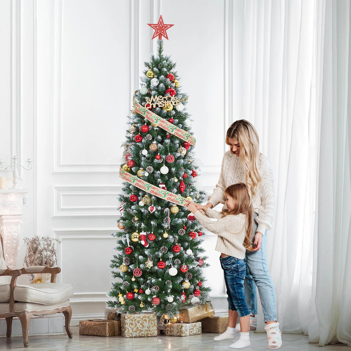 6FT 7.5FT 9FT 12FT Prelit Artificial Christmas Tree, Realistic PVC Pencil Tree With Metal Stand, Easy Assembly, Holiday Home Decor