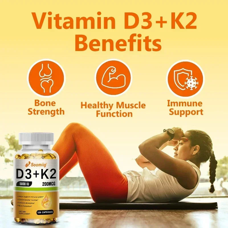 Soomiig Vegetarian Vitamin D3+K2 Capsules Promotes Calcium Metabolism Fracture Bone Health Heart and Immune System Support